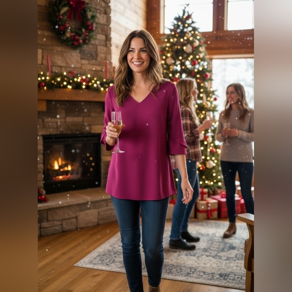 Clara Sun-Woo - NWT, XS Raspberry Colored Blouse W/ 3/4 Flutter Sleeves, V-Neck - Picture 11 of 11